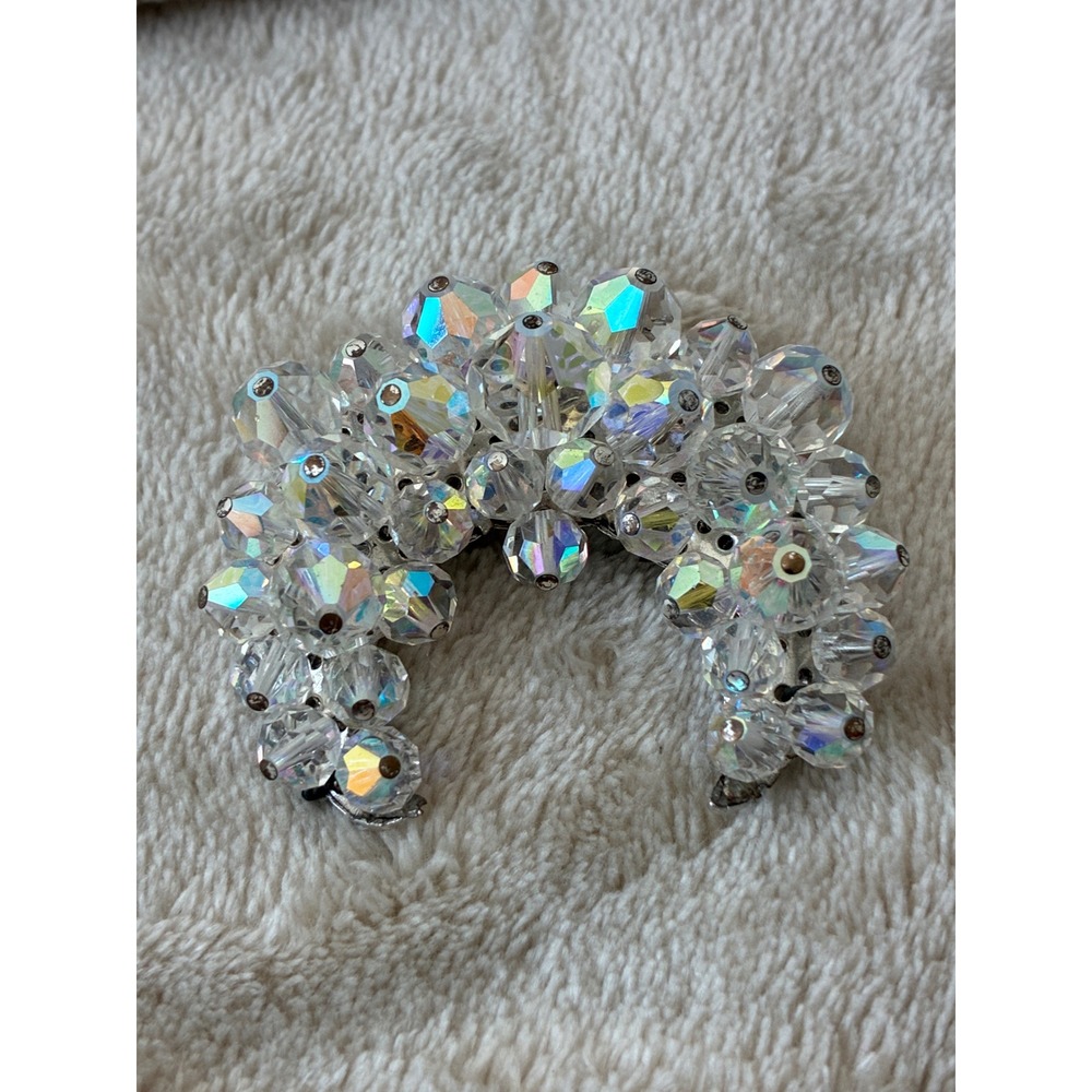 Vintage Aurora Borealis Crystal Beaded Crescent Moon Brooch Pin Silver Tone